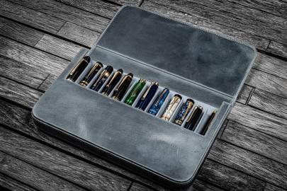 Galen Leather Magnum Opus 12 Slots Hard Pen Case with Removable Pen Tray - Crazy Horse Smokey Grey