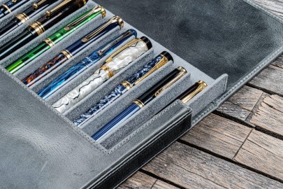 Galen Leather Magnum Opus 12 Slots Hard Pen Case with Removable Pen Tray - Crazy Horse Smokey Grey