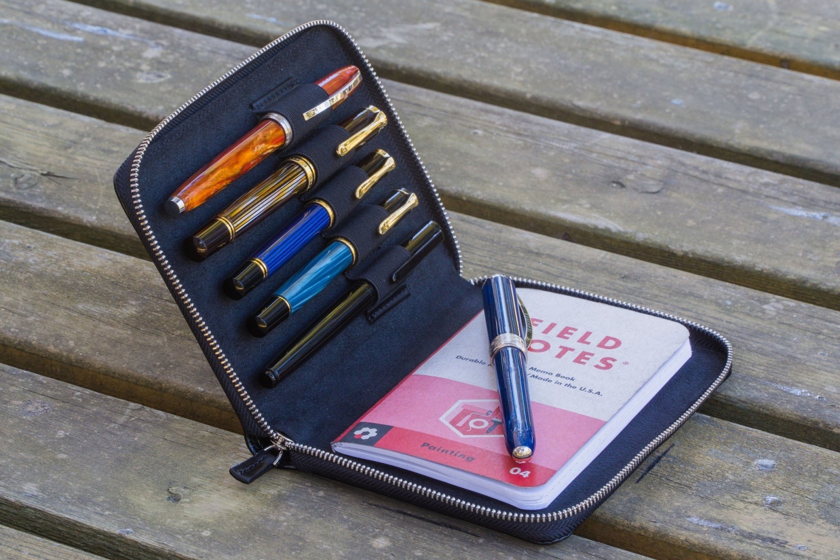 Galen Leather Zippered 5 Slots Pen Case — Black