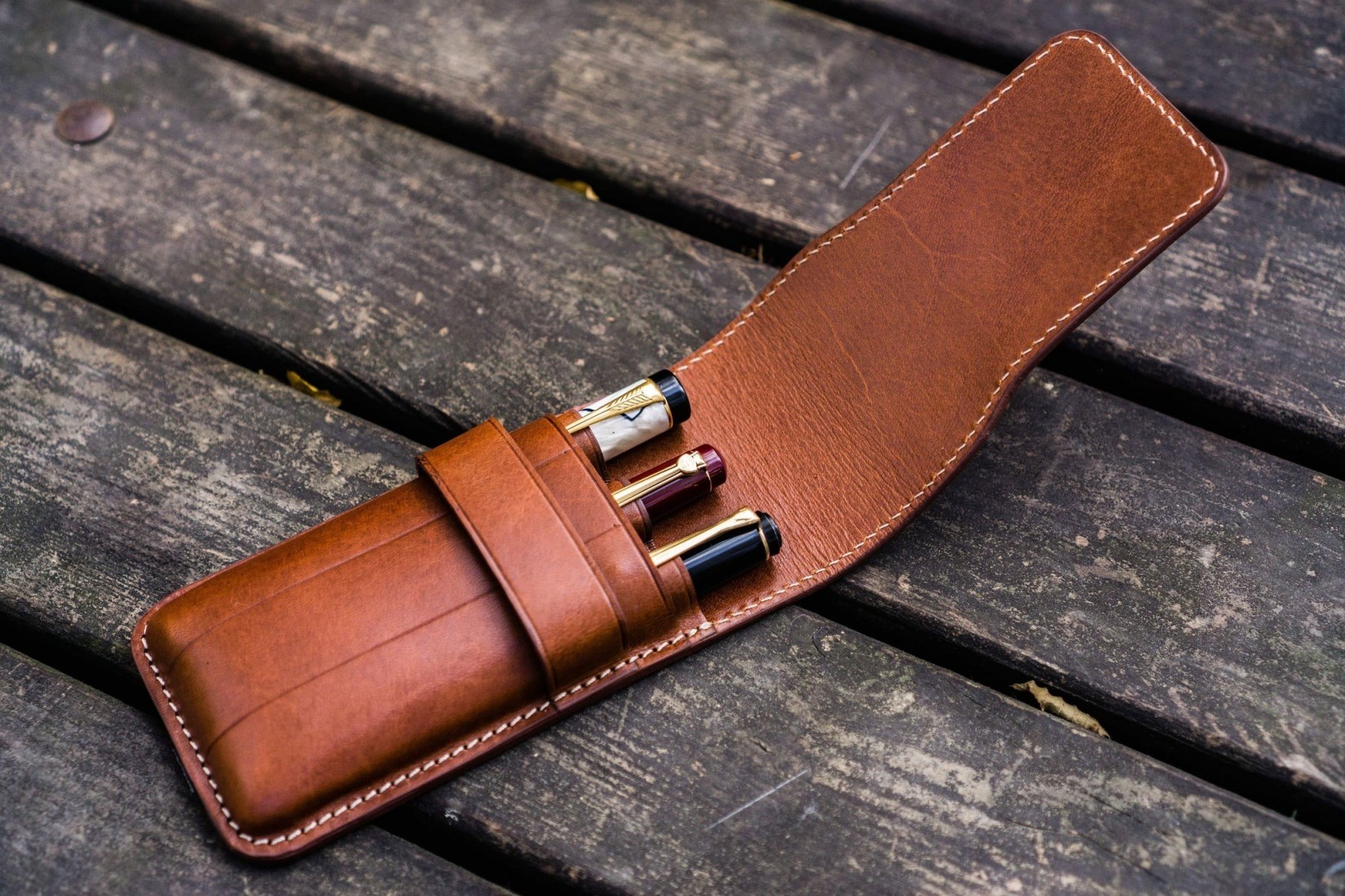 Galen Leather Flap Pen Case for Three Pens - Brown