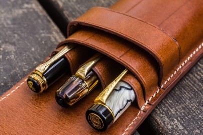 Galen Leather Flap Pen Case for Three Pens - Brown