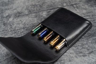 Galen Leather Flap Pen Case for Five Pens - Black