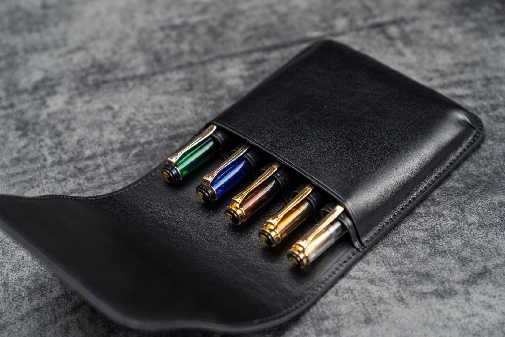 Galen Leather Flap Pen Case for Five Pens - Black
