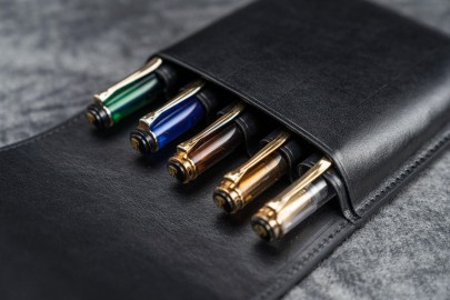 Galen Leather Flap Pen Case for Five Pens - Black