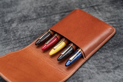 Galen Leather Flap Pen Case for Five Pens - Brown