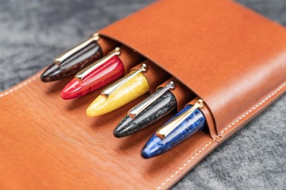 Galen Leather Flap Pen Case for Five Pens - Brown
