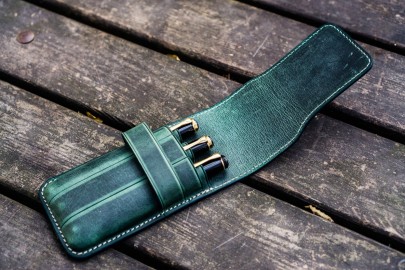 Galen Leather Flap Pen Case for Three Pens - Crazy Horse Forest Green