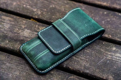 Galen Leather Flap Pen Case for Three Pens - Crazy Horse Forest Green