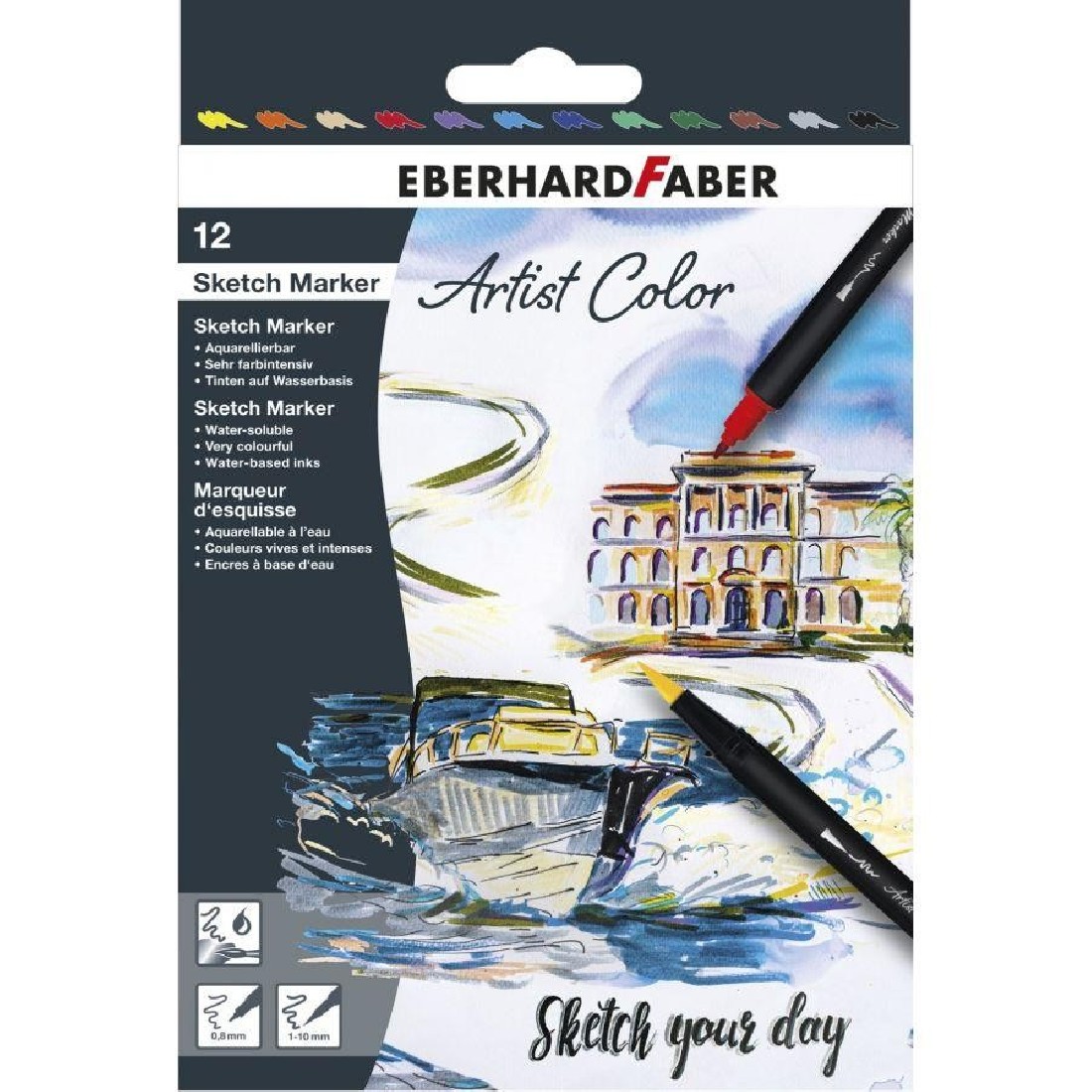Eberhard Faber 558212 - Artist Color Sketch Marker Set with 12 Colours, Fibre-Tip Pens with Double Tip, in Cardboard Case, for Drawing, Sketching and Illustrating