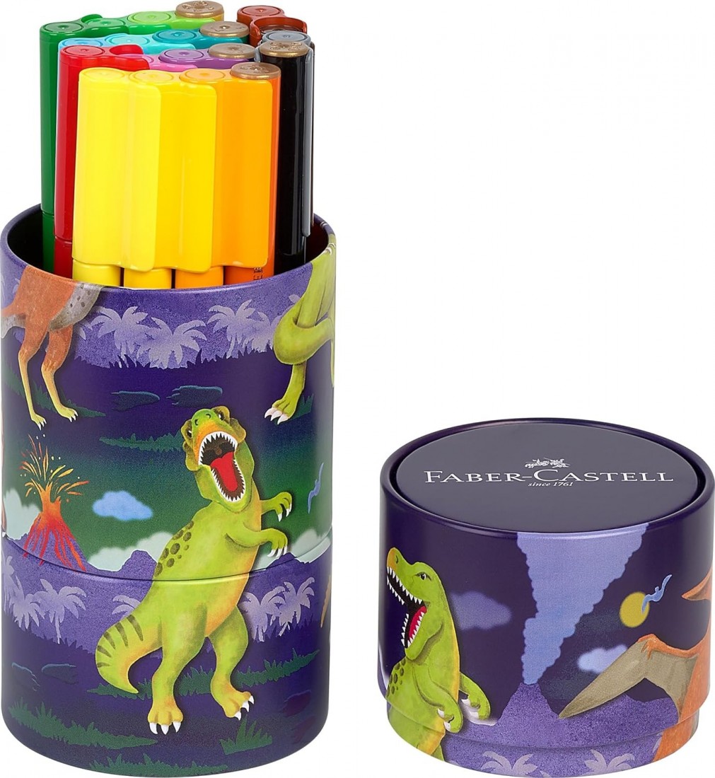 Faber Castell Felt Tip Pen Set Connector Dino, 20 Metal Box, Washable 155546
