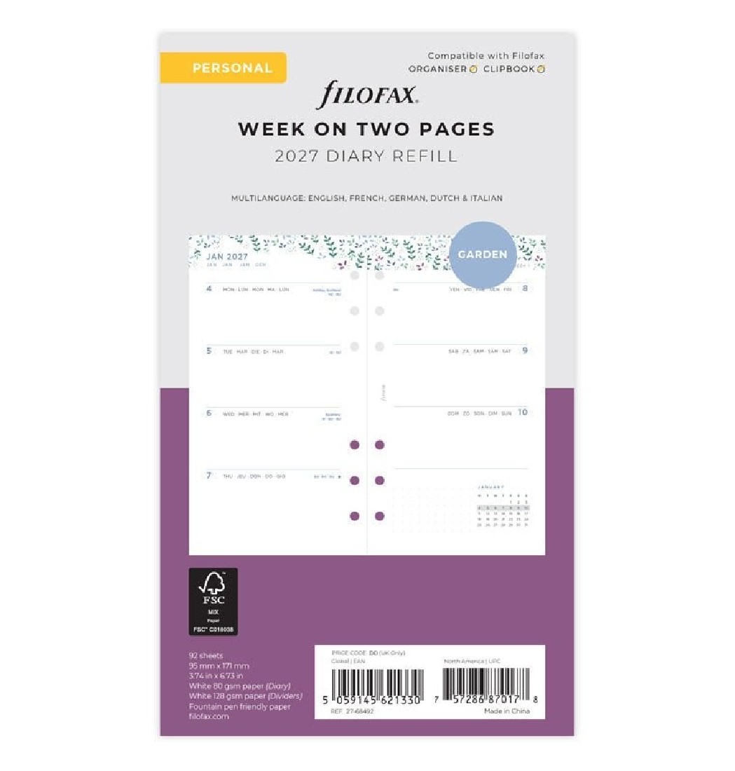 Refill 2027 Personal Garden Week On Two Pages 27-68492 Filofax