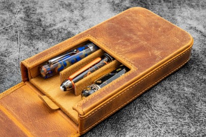 Galen Leather Magnum Opus 3 Slots Hard Pen Case with Removable Pen Tray - Crazy Horse Brown