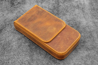 Galen Leather Magnum Opus 3 Slots Hard Pen Case with Removable Pen Tray - Crazy Horse Brown