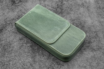 Galen Leather Magnum Opus 3 Slots Hard Pen Case with Removable Pen Tray - Crazy Horse Forest Green