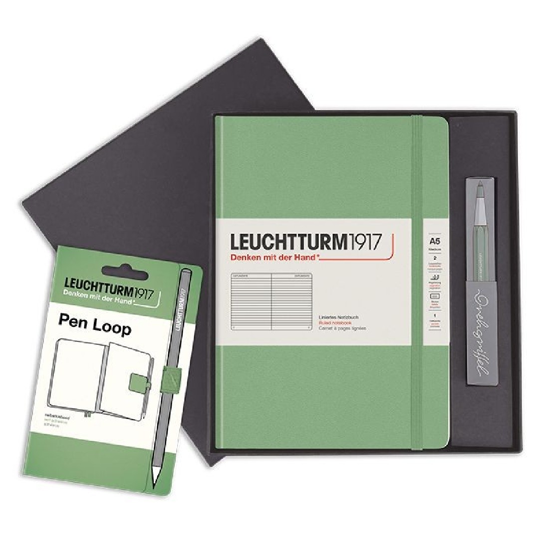 Leuchtturm 1917 Set A5 Sage Hard Cover Notebook and Ballpen plus Pen Loop
