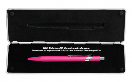 Caran Dache 849 Popline  fluo purple ballpoint pen, with slim metal box