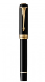 Parker Duofold International Fountain Pen, Classic Black with Gold Trim, Solid Gold Nib, Black Ink and Converter
